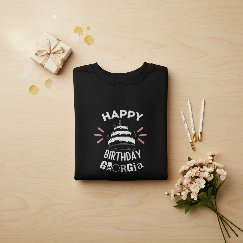 Black sweatshirt with 'Happy Birthday' cake graphic and custom name text