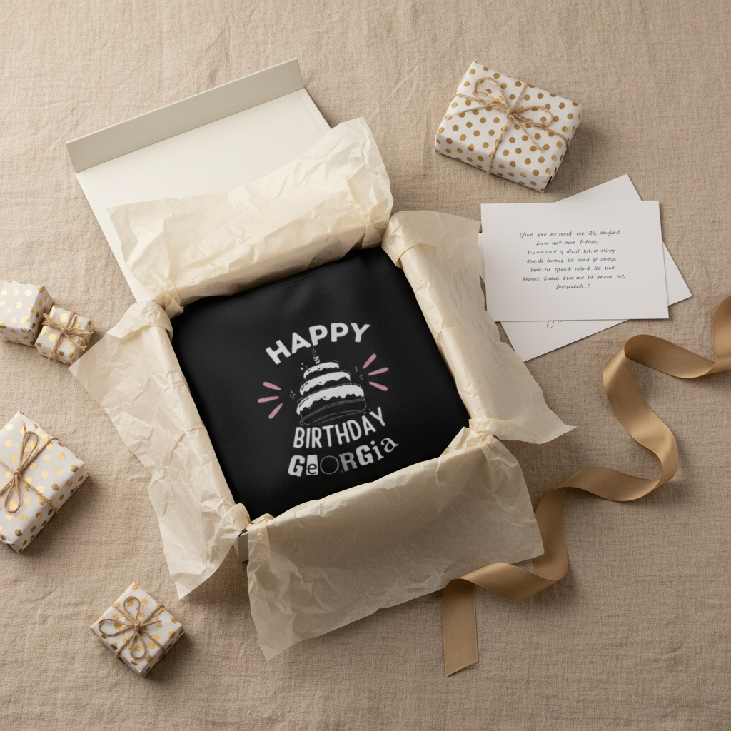 Charcoal sweatshirt with 'Happy Birthday' cake graphic and custom name text