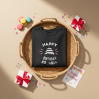 Black sweatshirt with 'Happy Birthday' cake graphic and custom name text