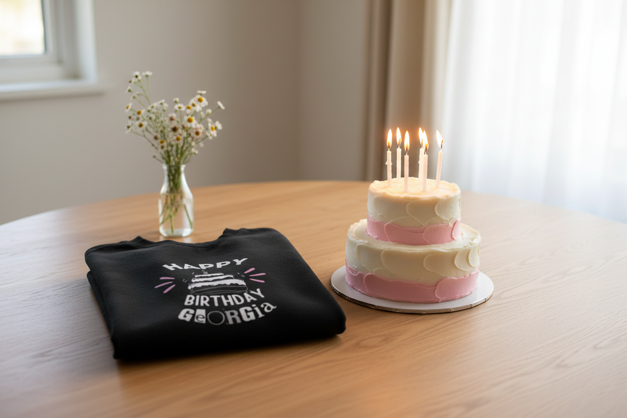 Black birthday sweatshirt with “Happy Birthday” cake graphic laid on a table