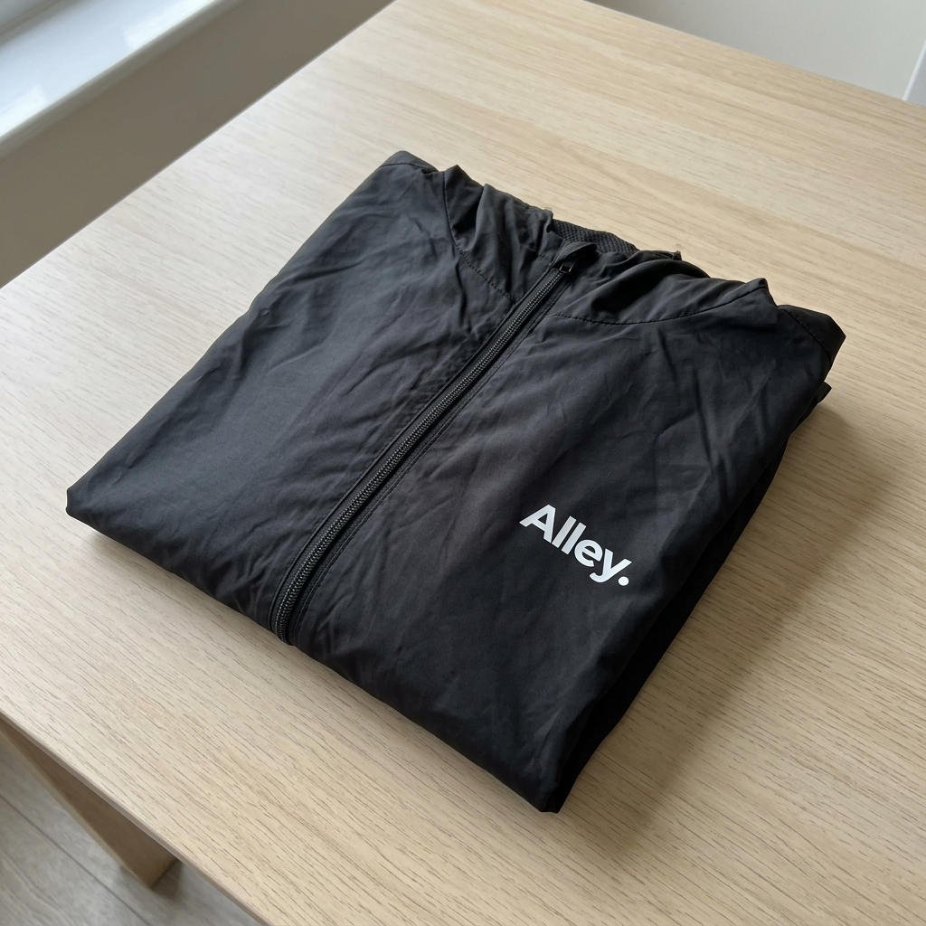 Black lightweight hooded windbreaker jacket with full front zipper and Alley logo