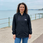 Navy hooded lightweight windbreaker jacket with Alley logo, front