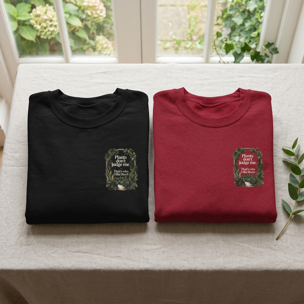 Black and antique cherry red crewneck sweatshirts with plant quote graphic