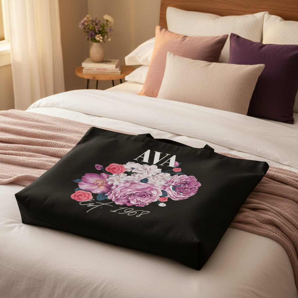 Black AVA tote flat on bed with cushions