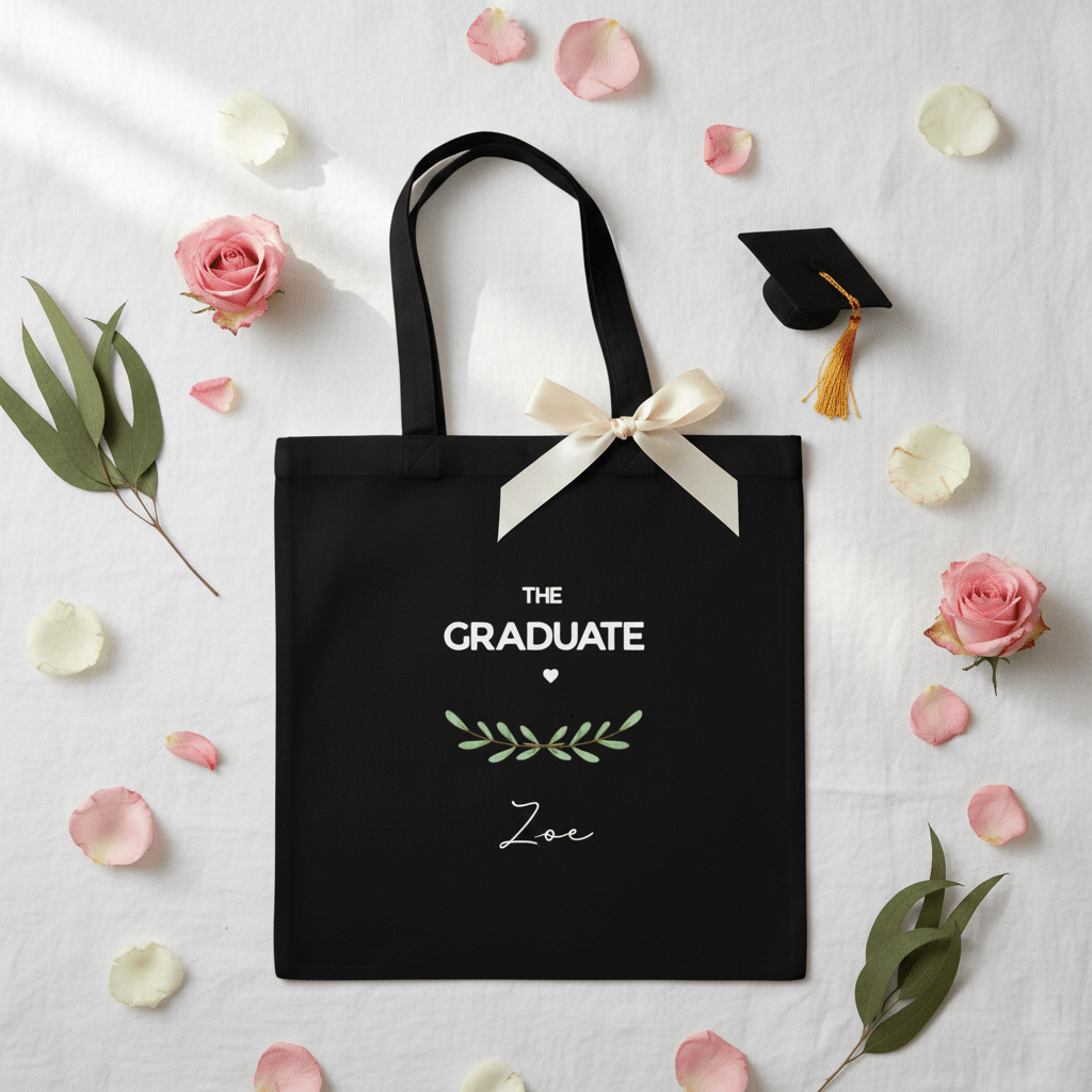 Black canvas tote bag with graduation emblem, ribbon bow, and name 'Loe'