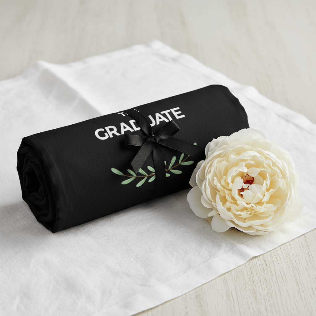Black graduation tote bag with ribbon and text, folded with a white flower