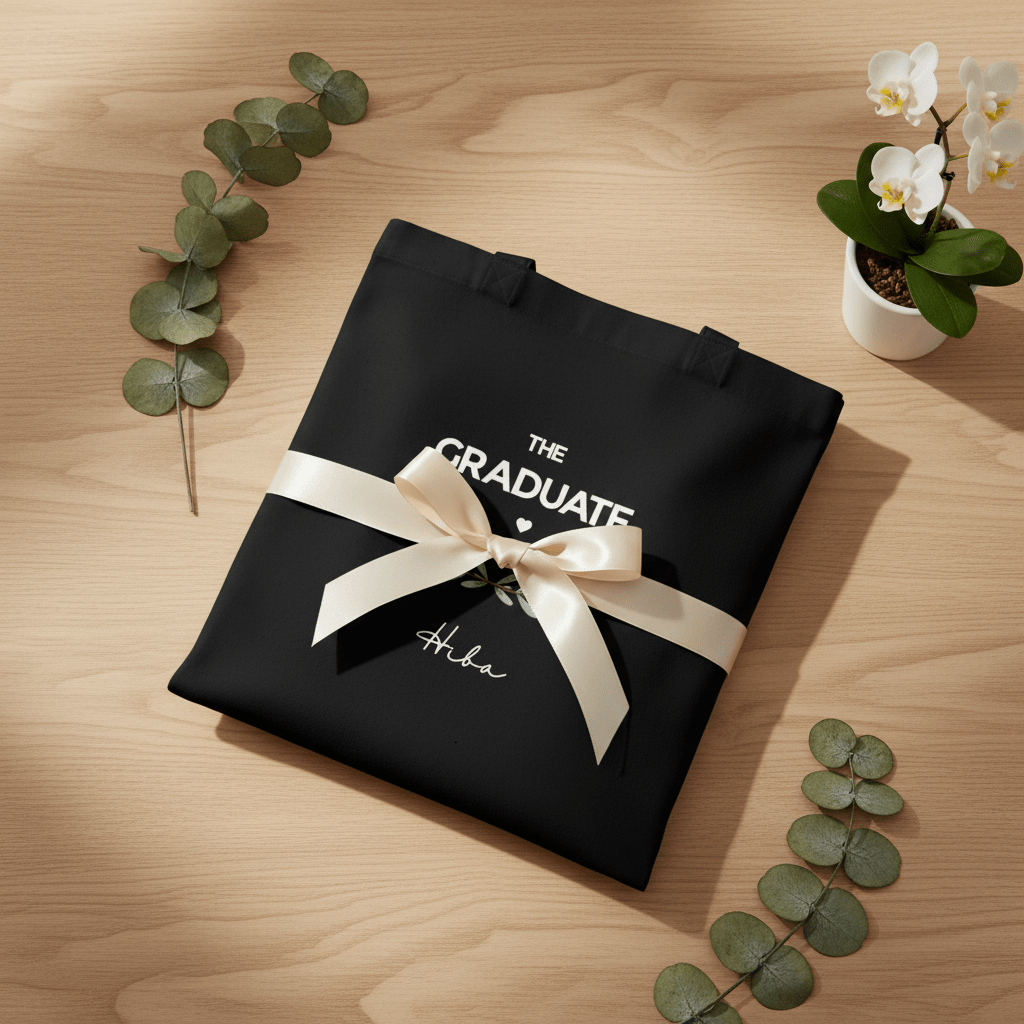 Black canvas tote bag with printed graduation logo and ribbon bow, flat lay