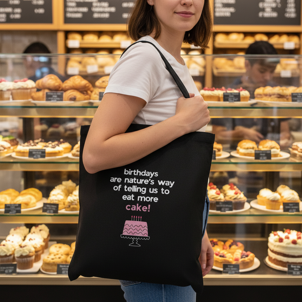 Black tote bag with birthday quote and pink cake graphic, worn by a person