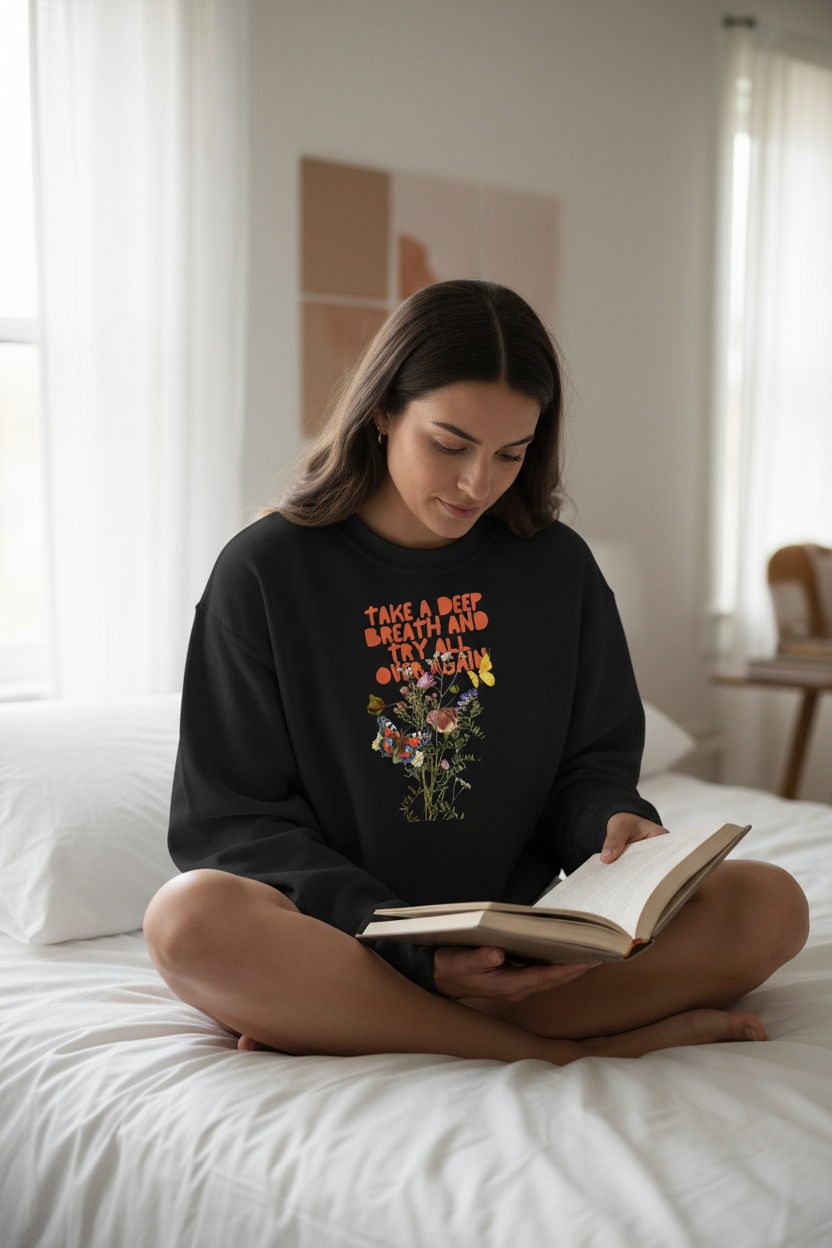 Black crewneck sweatshirt worn with colorful “Take a Deep Breath” floral text graphic.