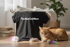 Black unisex T-shirt with front text “The Best Cat Mum”