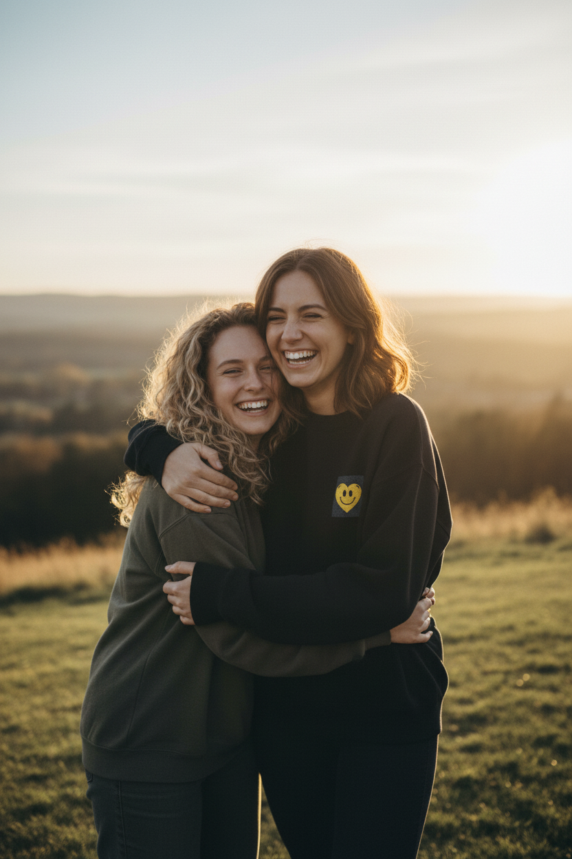 Black sweatshirt with embroidered yellow smiley heart patch on the chest.