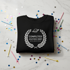Black sweatshirt with white 'Completed Another Orbit' space wreath graphic