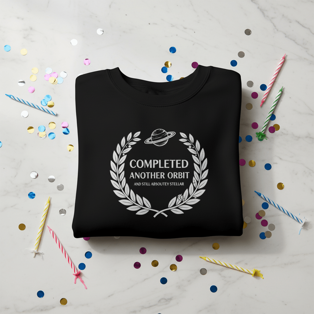 Black sweatshirt with white 'Completed Another Orbit' space wreath graphic