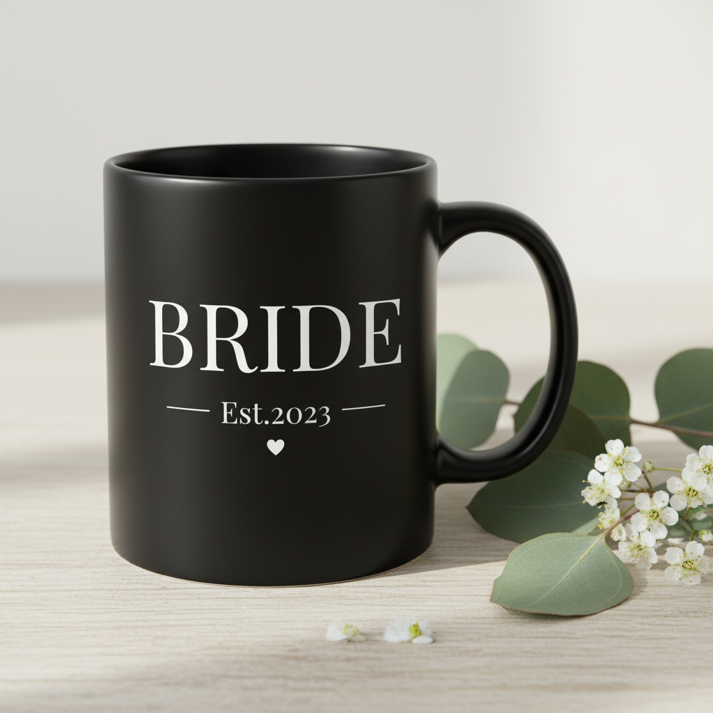 Black ceramic mug with handle, BRIDE Est.2023 text and heart on front