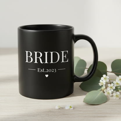 Black BRIDE mug with eucalyptus