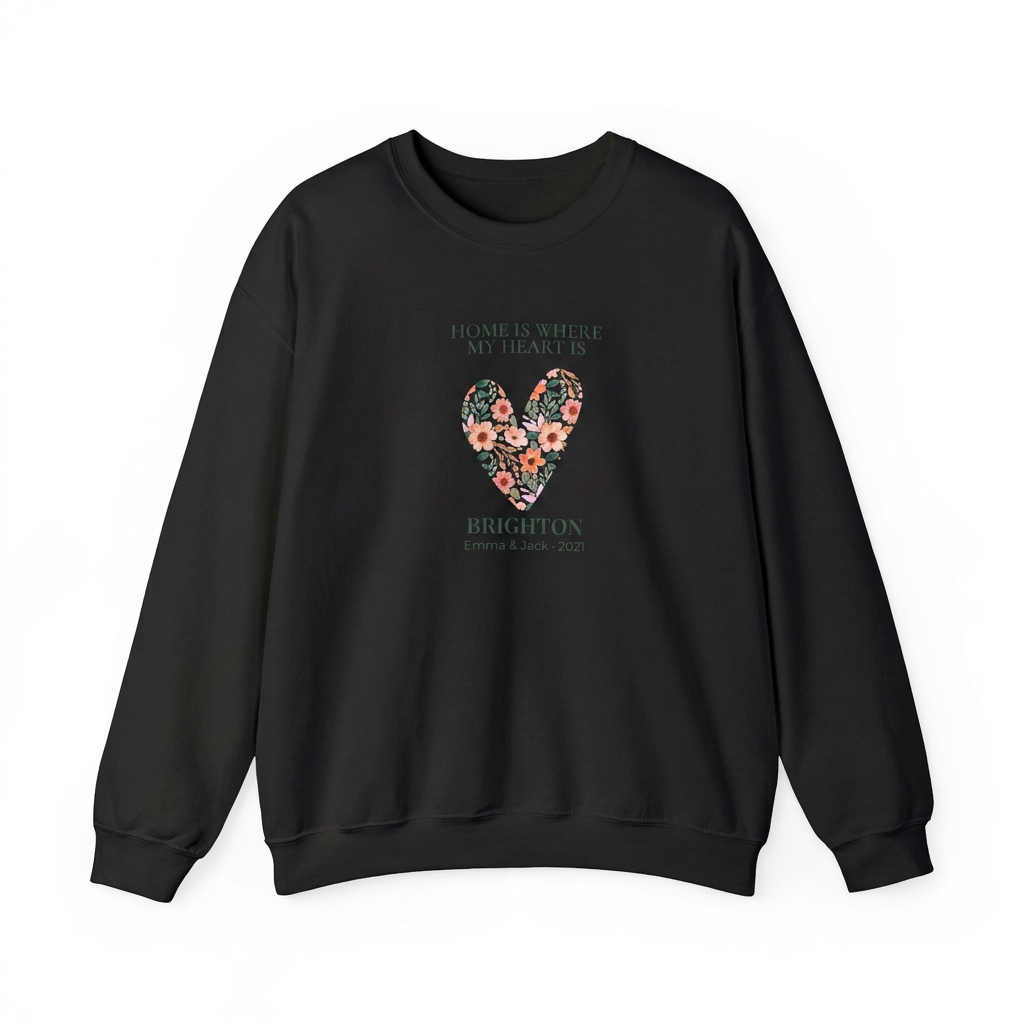 Black crewneck sweatshirt with floral heart graphic and Brighton text