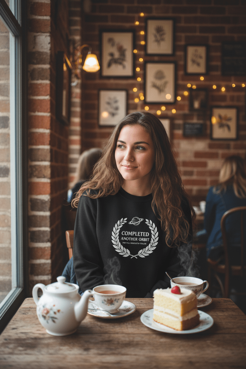 Black crewneck sweatshirt with white 'Completed Another Orbit' laurel wreath logo