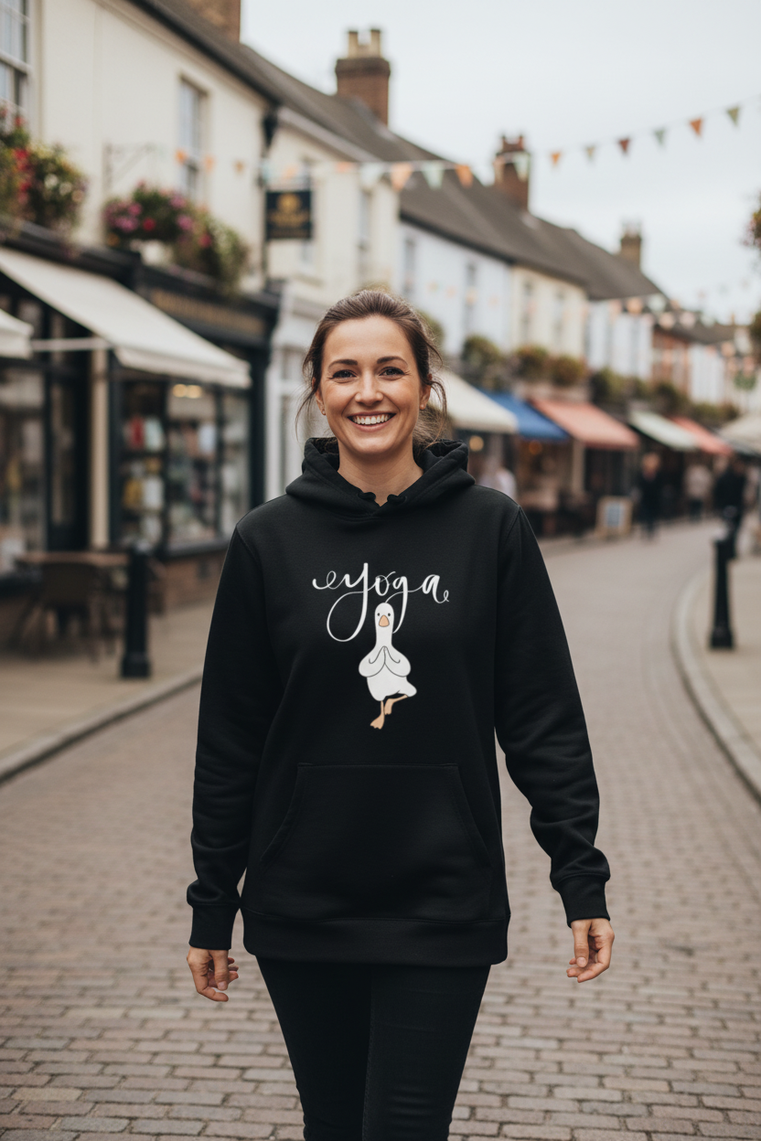 Black yoga duck pose hoodie with white script logo and duck graphic