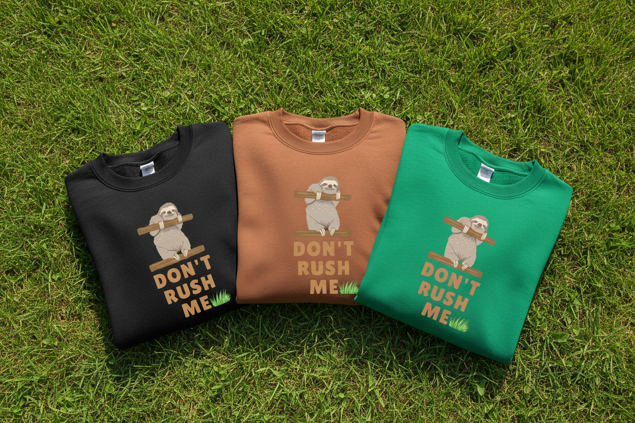 Sloth graphic sweatshirt set (black, brown, teal green) with "Don't Rush Me" text