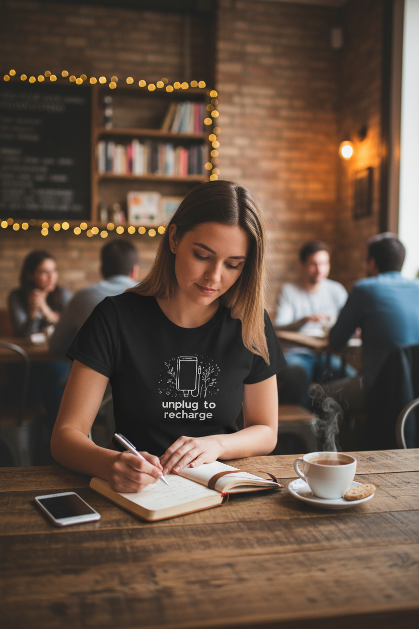 Black unisex t-shirt with unplug-to-recharge graphic on chest