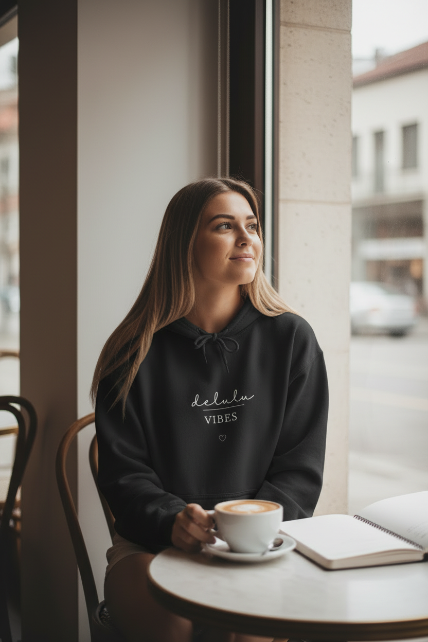 Black hoodie on a person, with drawstring hood and “delulu vibes” chest print