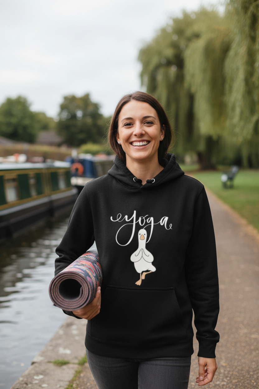 Black yoga hoodie with duck graphic, pullover hood and front kangaroo pocket