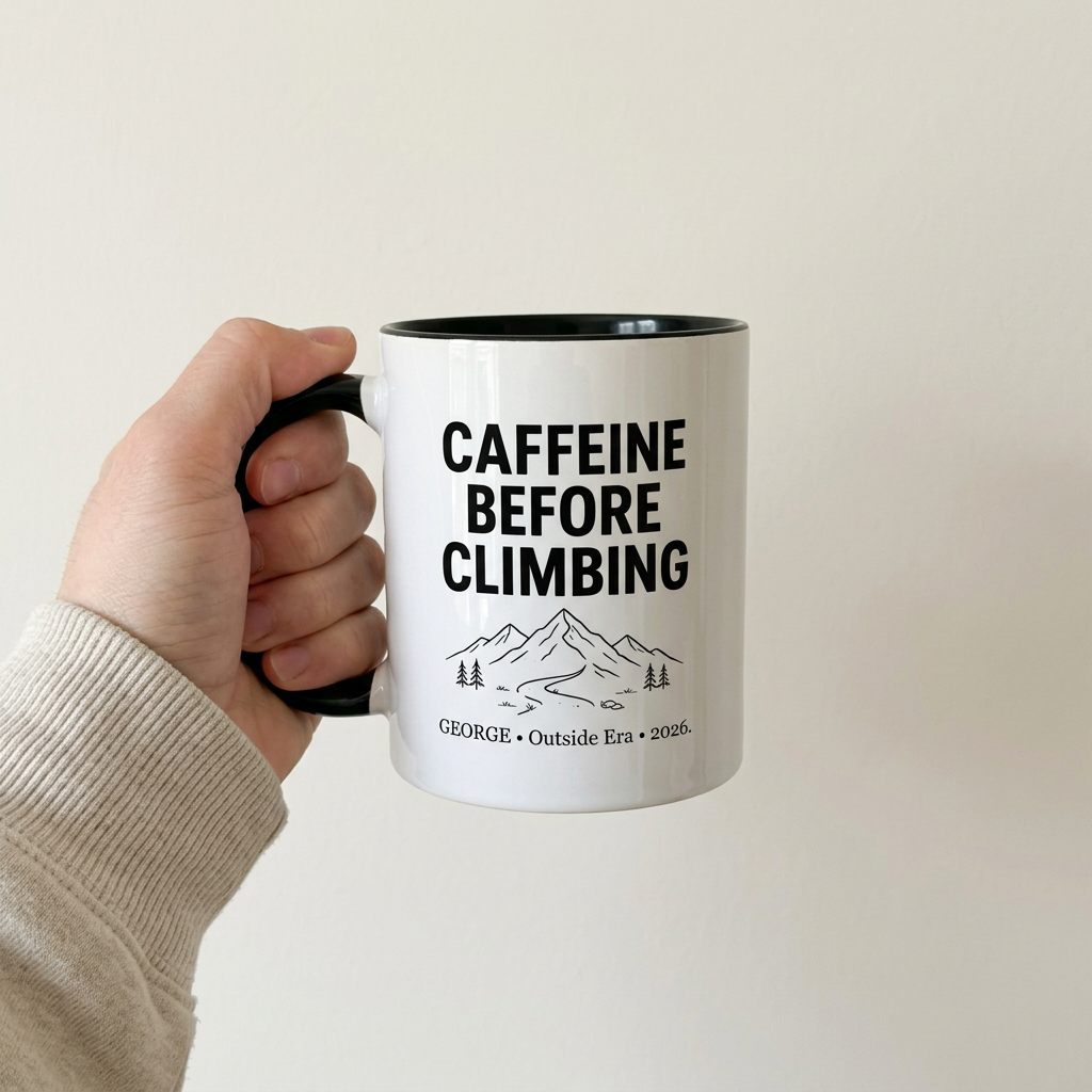 Black climbing mug held against a simple neutral background