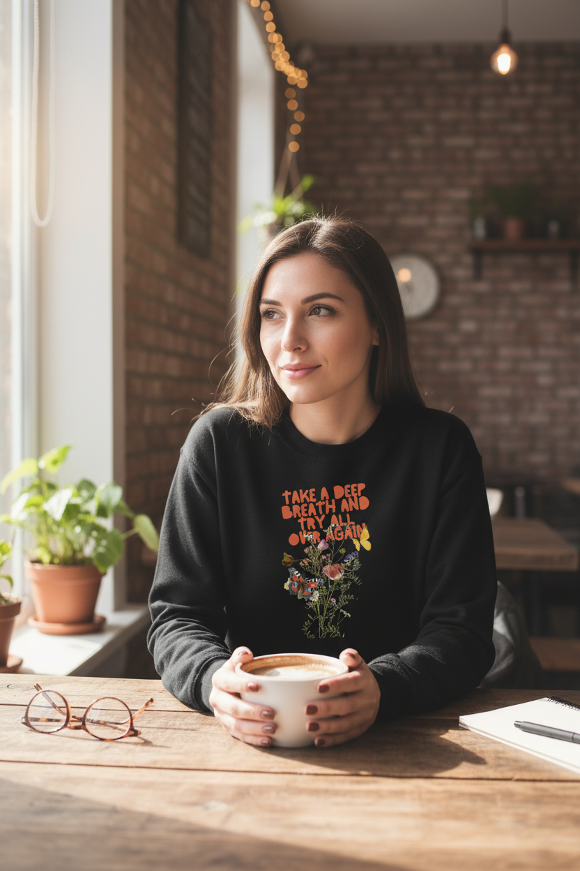 Black crewneck sweatshirt on model with colorful “Take a Deep Breath” floral graphic.