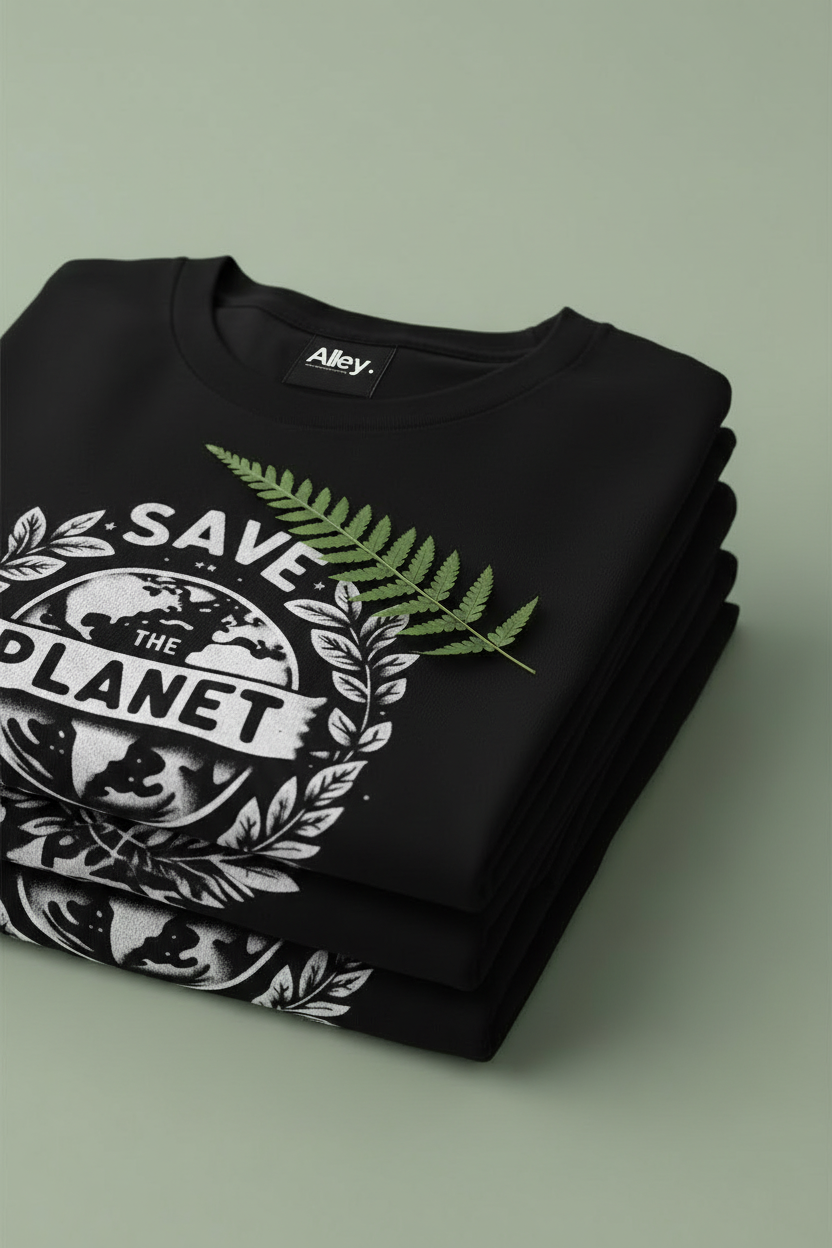 Black T-shirt with 'Save the Planet' globe and leaf graphic