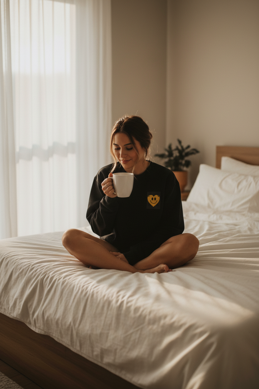 Black sweatshirt with embroidered yellow smiley heart patch on the chest.