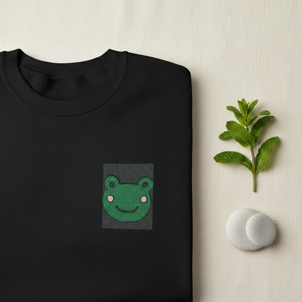 Black sweatshirt with an embroidered frog face patch at the center chest.