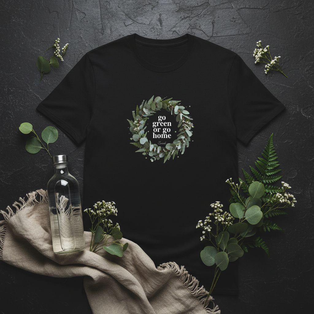 Black unisex eco T-shirt with leaf wreath 'go green or go home' graphic
