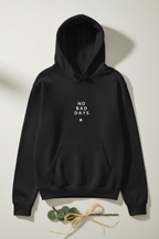 Black hooded sweatshirt with drawstring hood and front pocket
