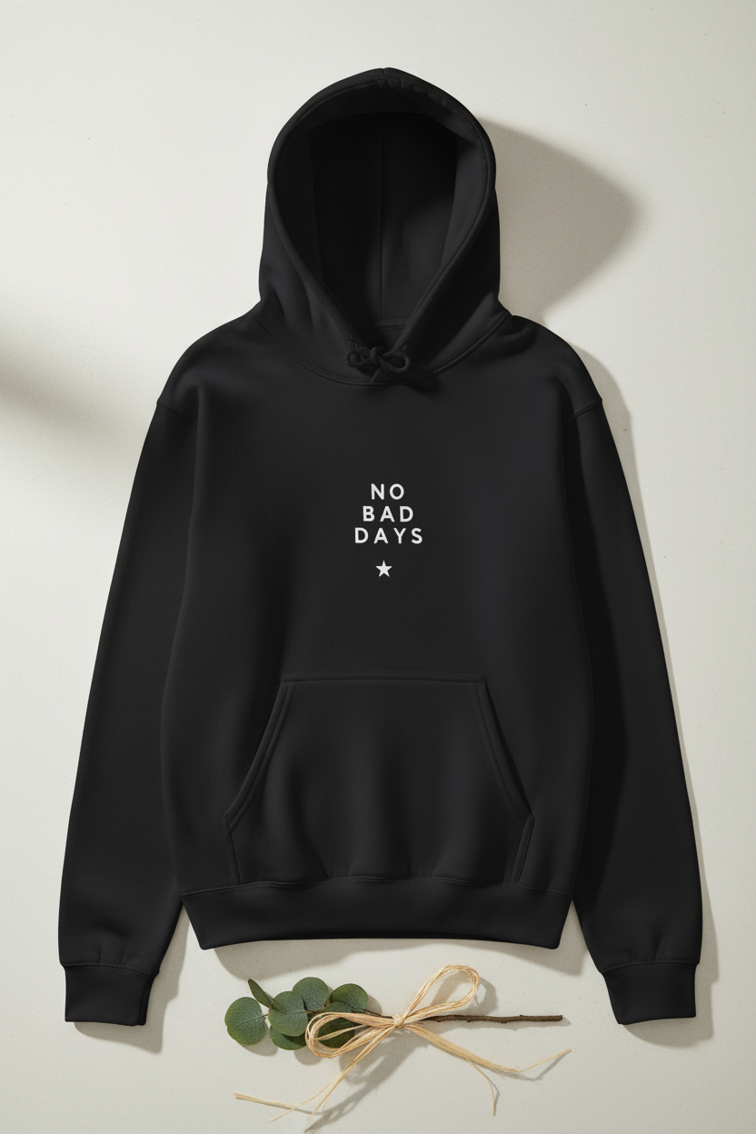 Black hooded sweatshirt with drawstring hood and front pocket
