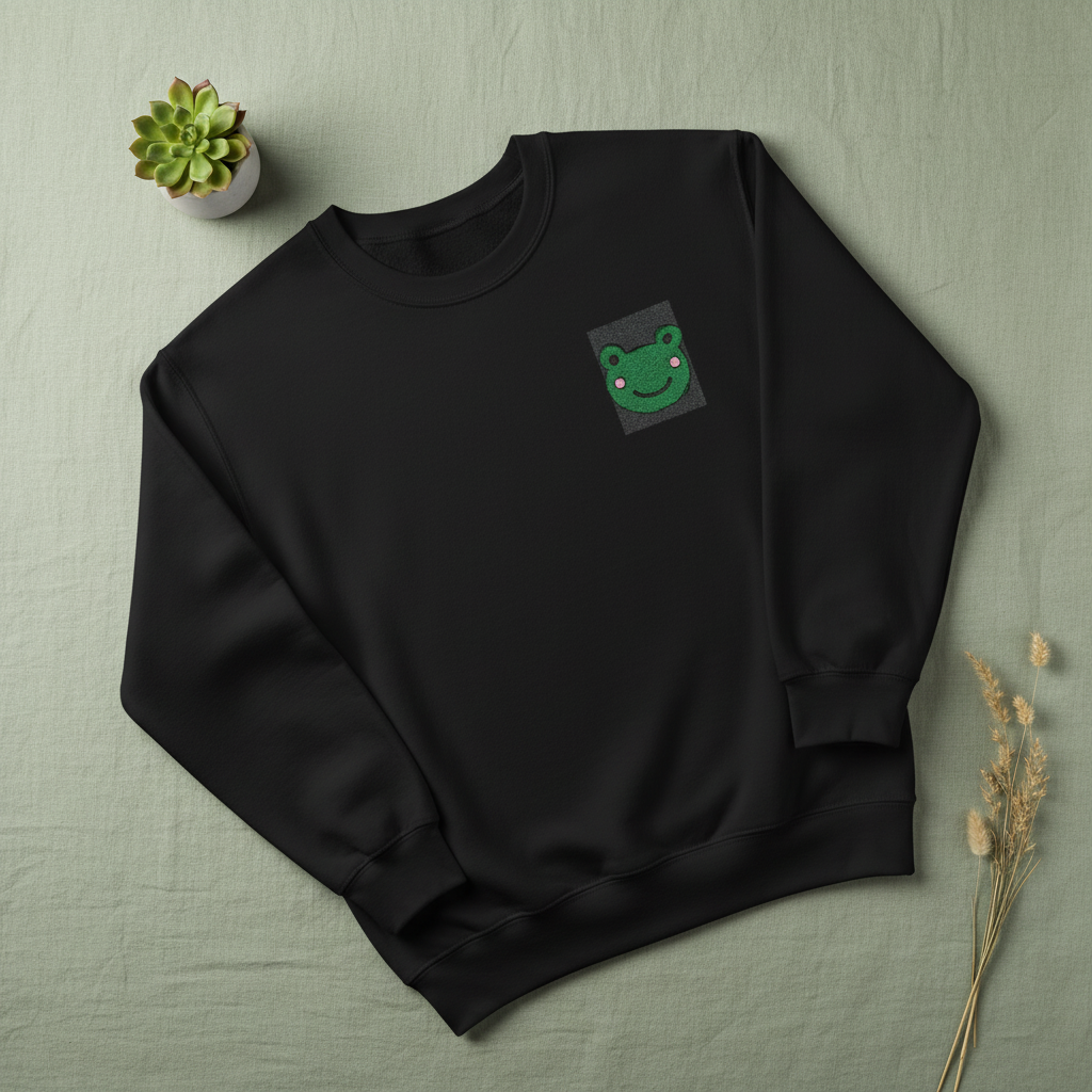 Black embroidered frog sweatshirt, crew neck, long sleeves, square chest patch.