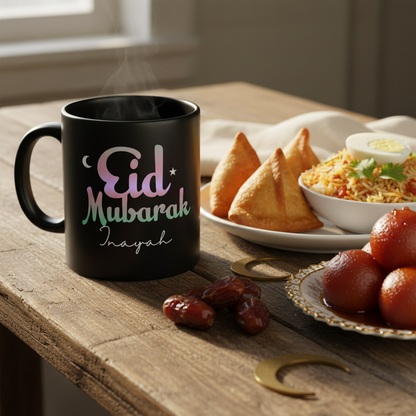 Black Eid mug with desi food