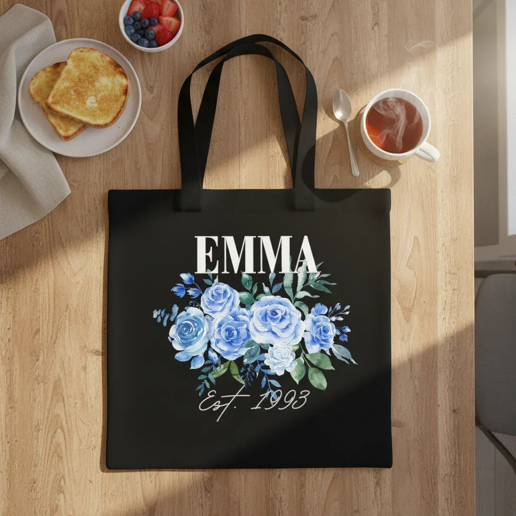 Personalised Floral Tote Bag | Custom Name, Text & Date | Choose Rose Colours | Eco Gift - Alley Crafters