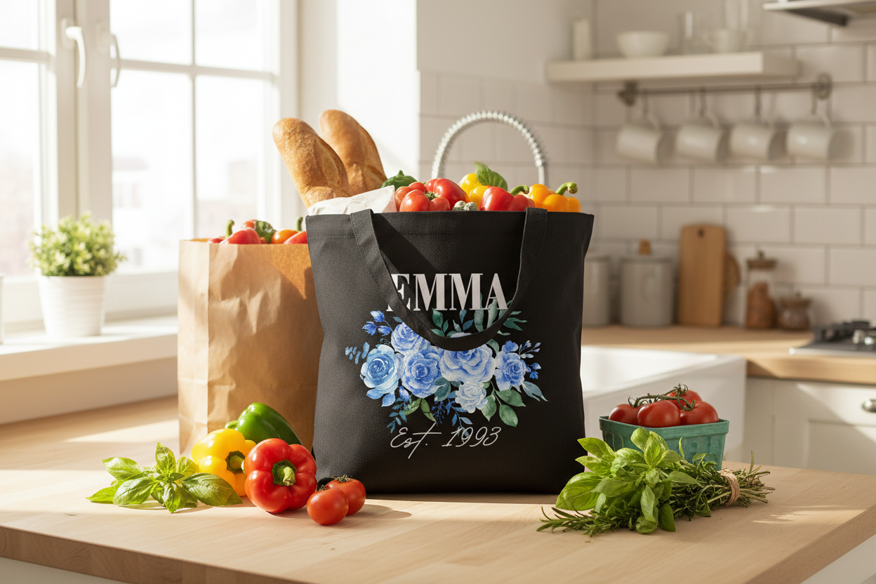 Black EMMA tote with groceries in kitchen