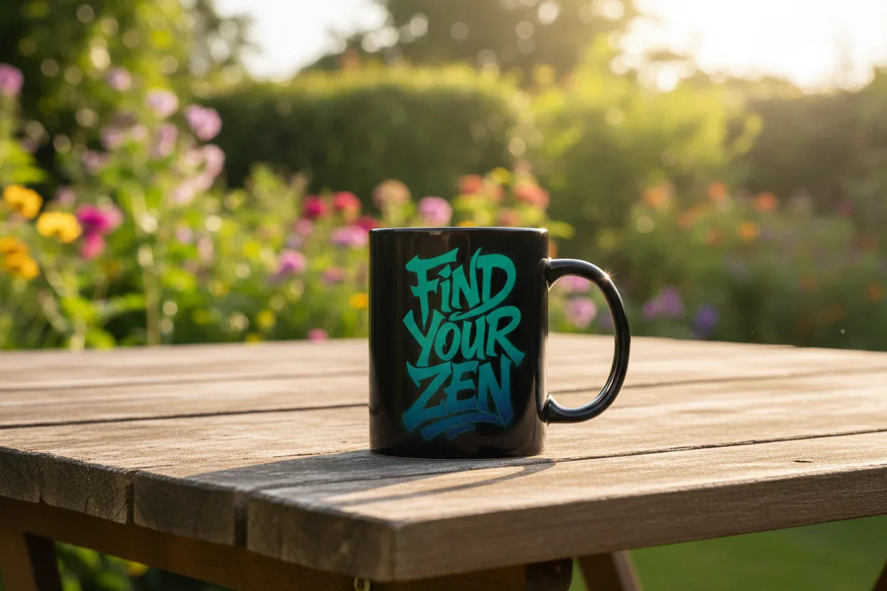 Black coffee mug with teal “Find Your Zen” print on wooden table in garden light