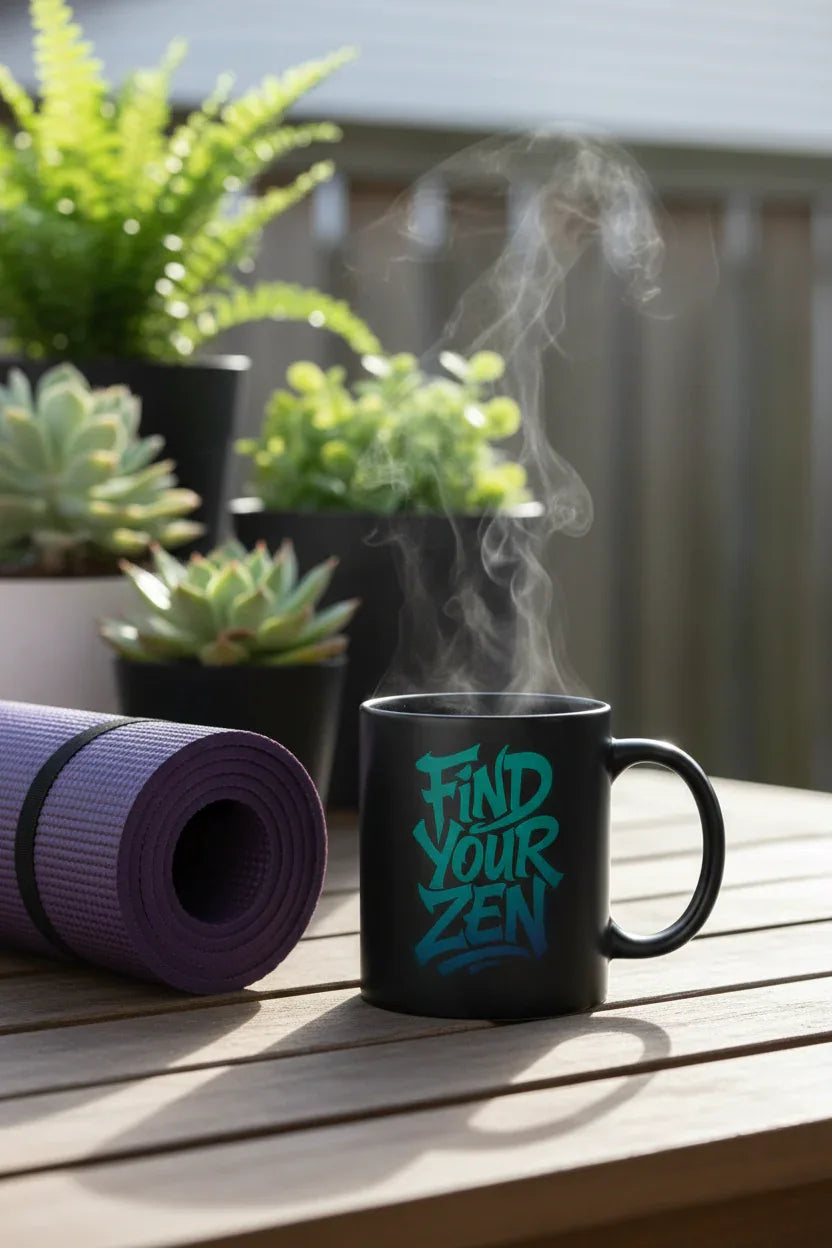 Dark purple mug with "Find Your Zen" lettering, steaming on wooden table