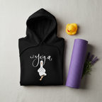 Black yoga hoodie, folded pullover with duck graphic and kangaroo pocket