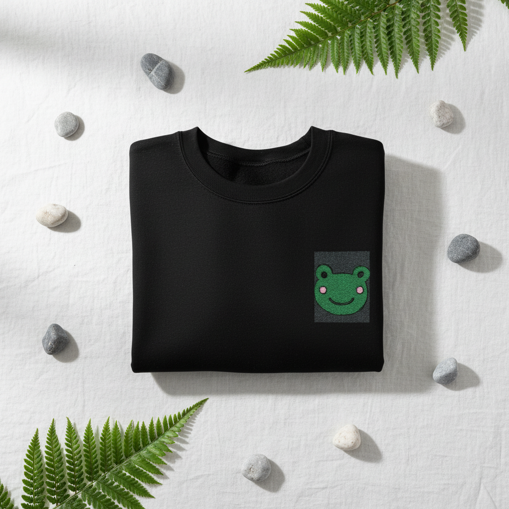 Black sweatshirt folded, square frog face embroidered patch on chest