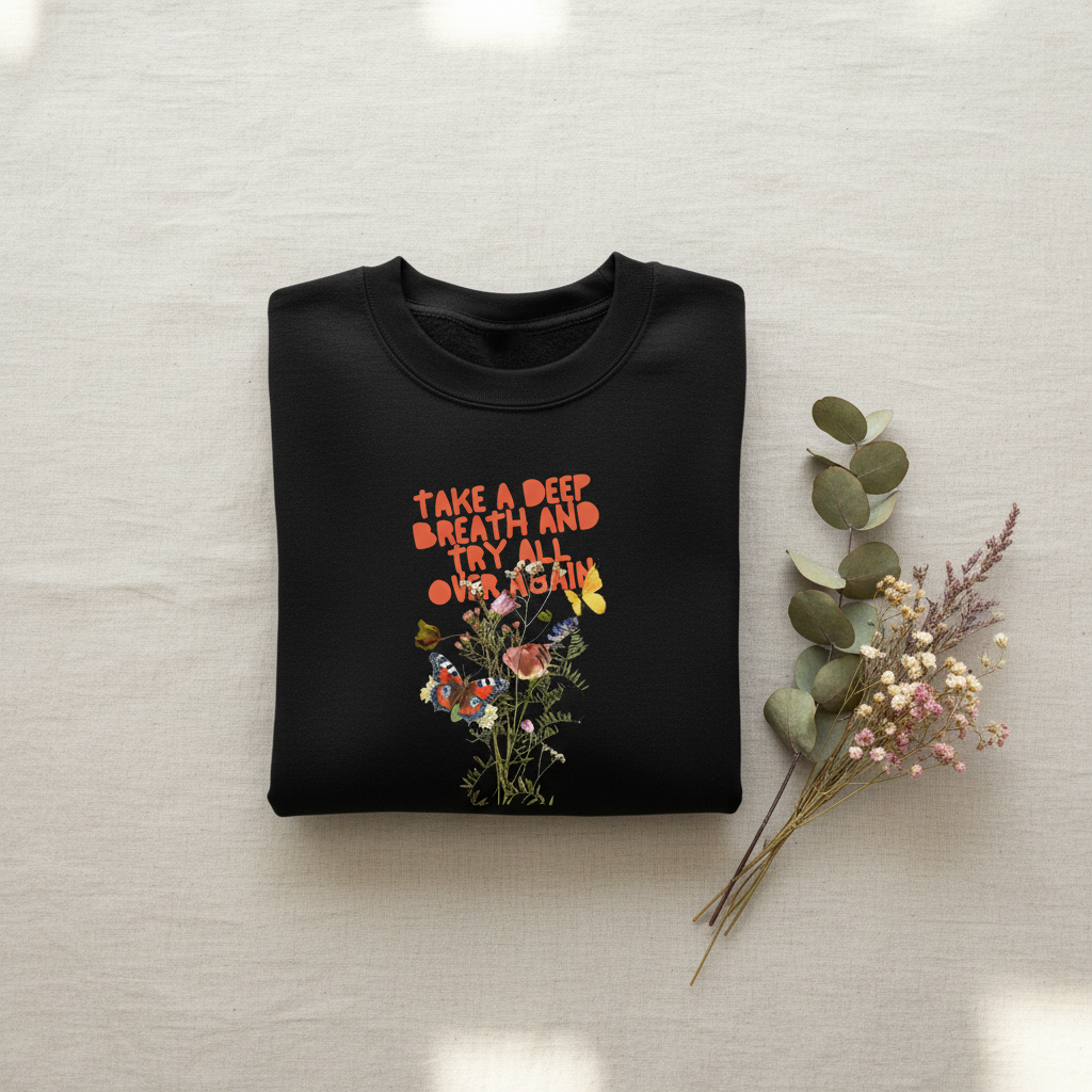 Black crewneck sweatshirt with colorful “Take a Deep Breath” floral graphic on front.