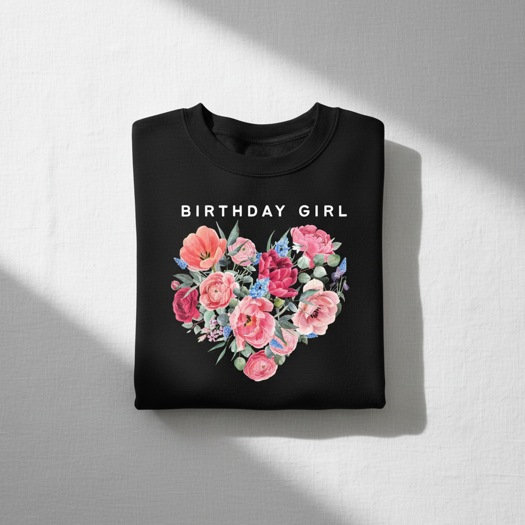 Black sweatshirt with “BIRTHDAY GIRL” text and colorful floral heart graphic