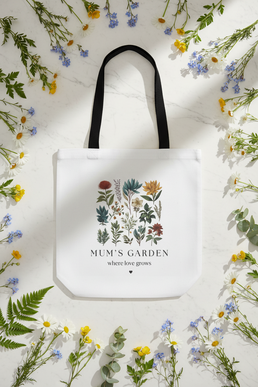 White canvas tote bag with floral artwork and 'MUM'S GARDEN' quote on front