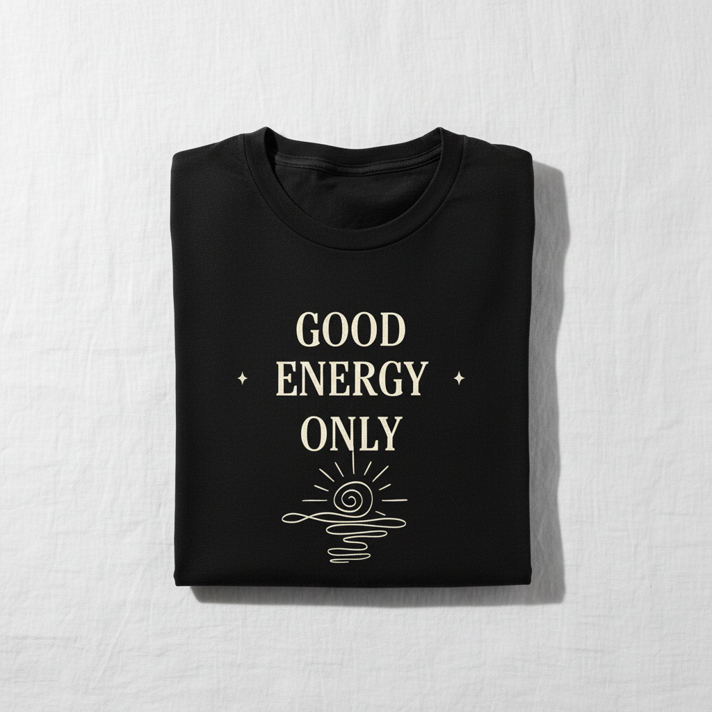 Black t-shirt with “GOOD ENERGY ONLY” graphic and sunburst line art on the front.