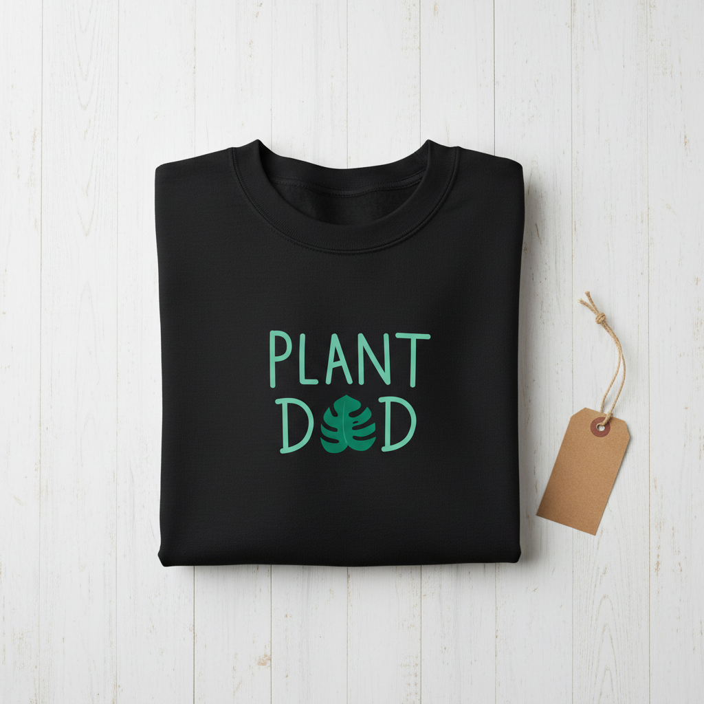 Black crewneck sweatshirt with “PLANT DED” plant graphic and brown tag
