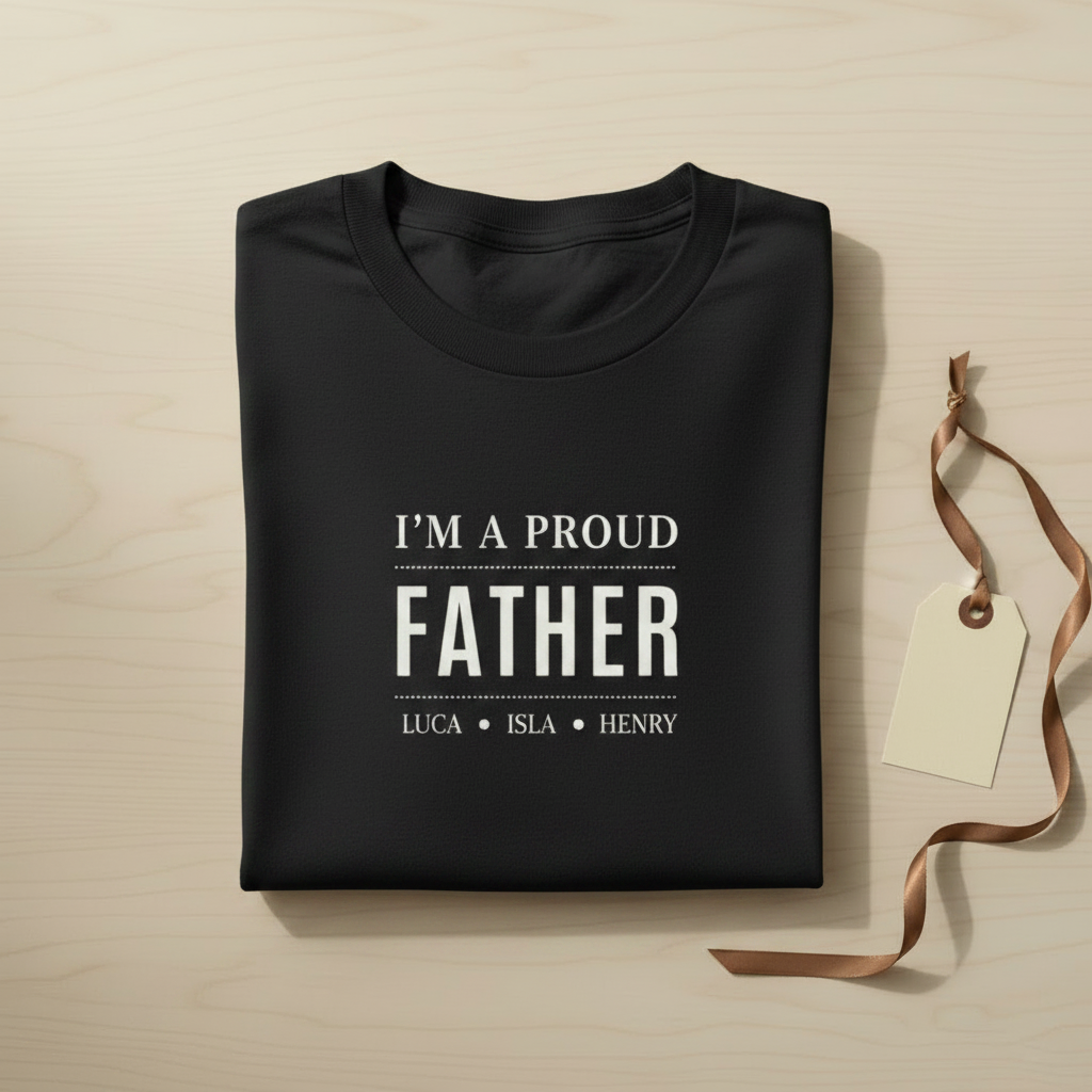 Black dad T-shirt with 'I'M A PROUD FATHER' graphic and names LUCA • ISLA • HENRY