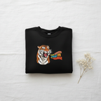 Black crewneck sweatshirt with tiger head graphic and orange text on the front