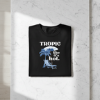 Black tropical graphic T-shirt with palm, umbrella, and “like it’s hot” text print